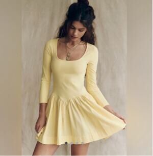 NEW! Free People x Free-est 'Onda' Sleeved Mini Dress in BANANA CREAM (L)